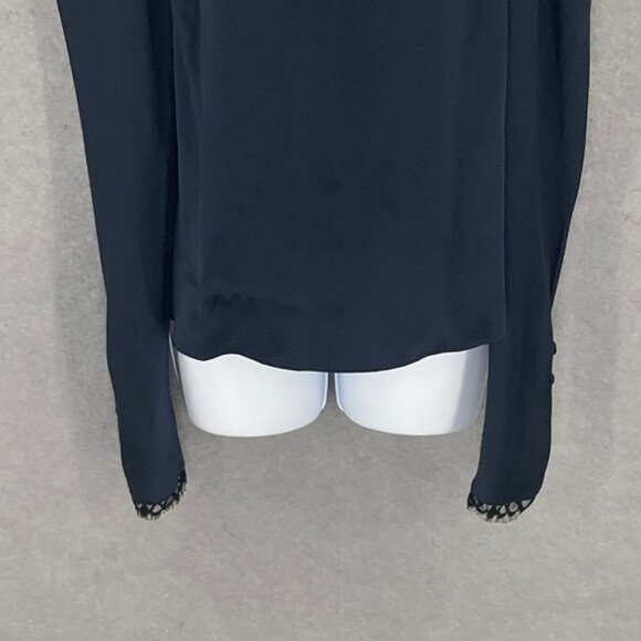 FRAME Top Womens Sz M Navy Silk Mock Neck Dainty Lace Trim Renaissance Romantic - Picture 5 of 12